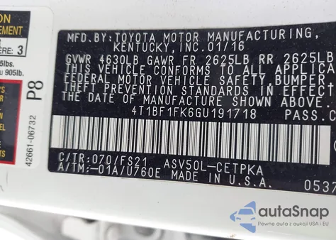 2016 Toyota Camry Se из США, поврежденный, VIN 4T1BF1FK6GU191718